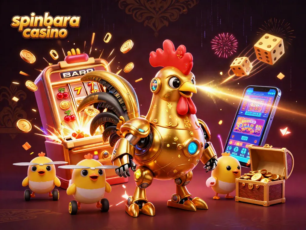 spinbara casino features gold coins, slot machines, and vibrant casino games in a dynamic 3D scene