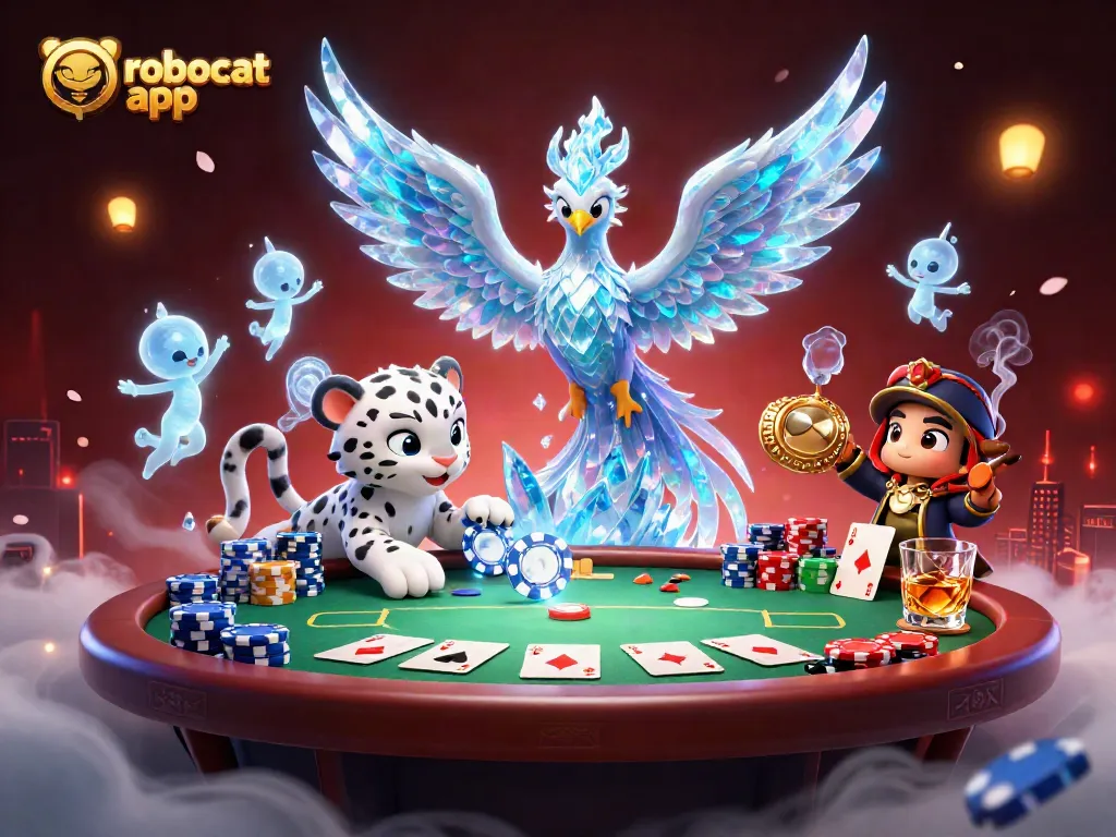 Engage with the robocat app for a vibrant 3D casino experience featuring an ice phoenix and poker elements.