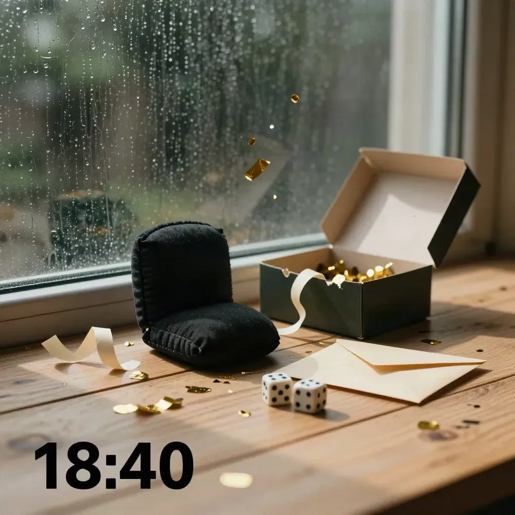Caja de broma abierta, cojín whoopee, confeti dorado y lluvia en el cristal.