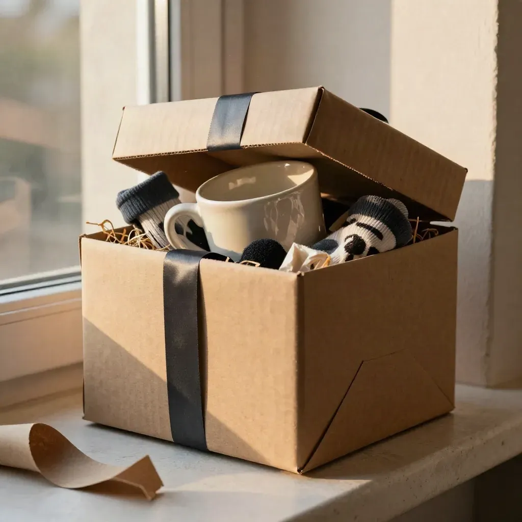 Regalo de broma abierto con taza rara, calcetines extraños y papel de relleno al atardecer.