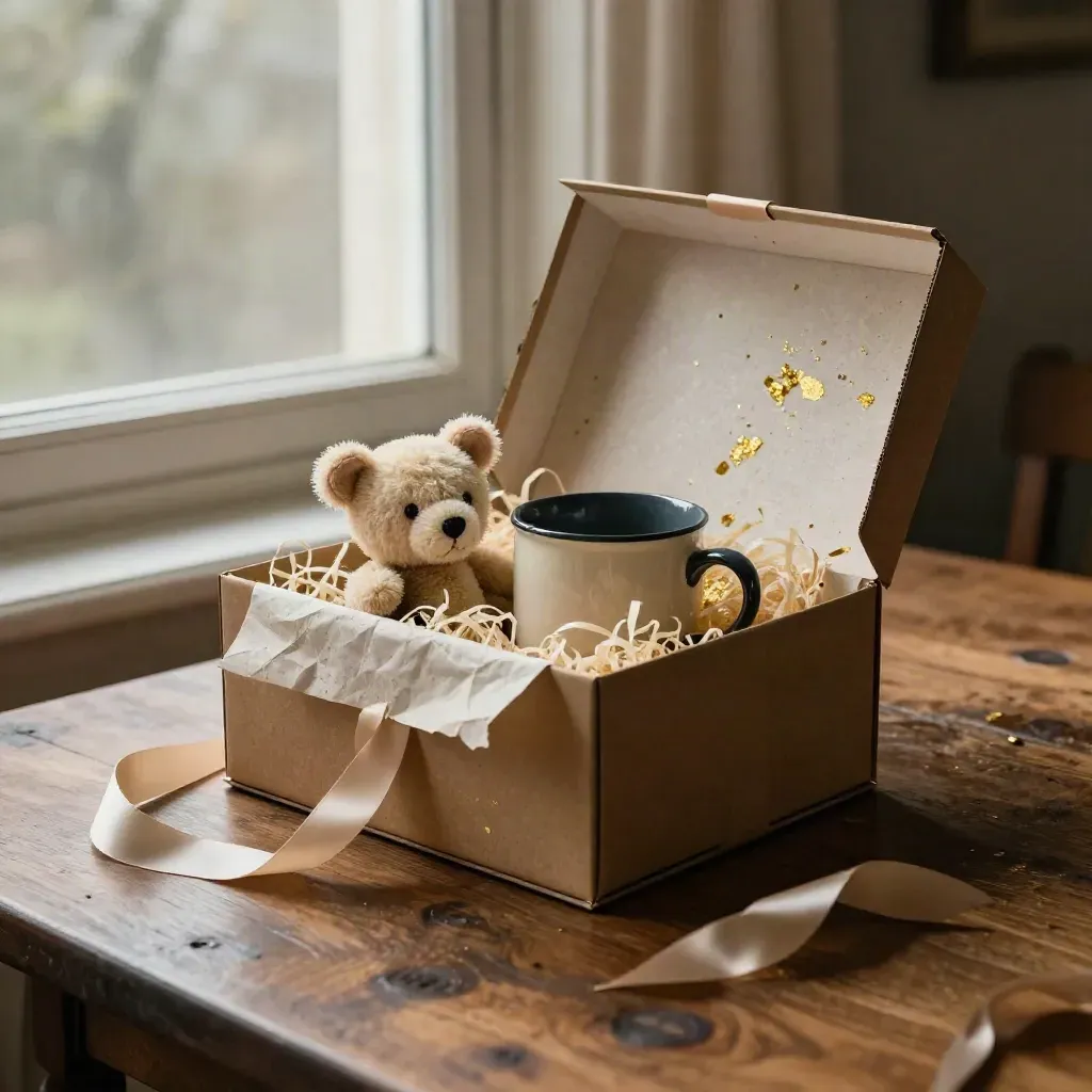 Caja de regalo abierta con taza bicolor, peluche mini y cinta torcida junto a una ventana fría.