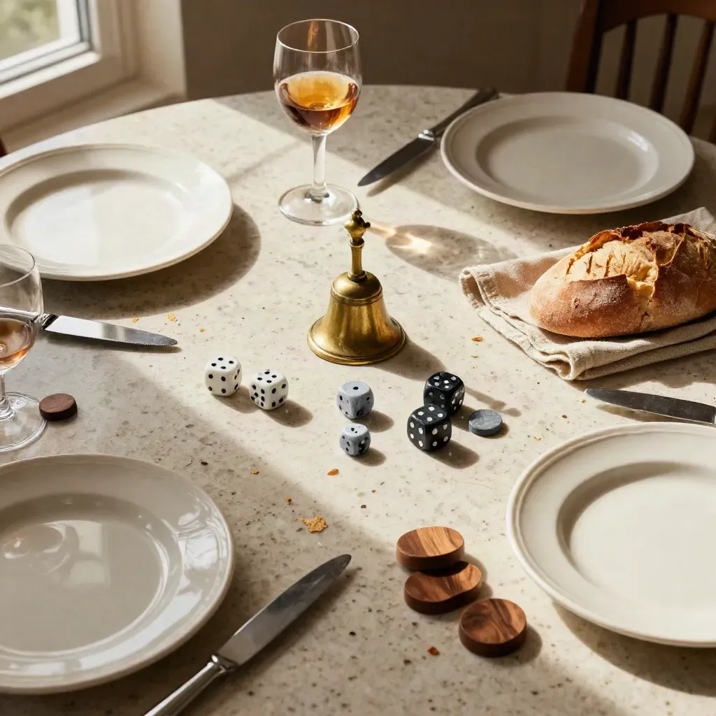 Mesa de cena con dados, campana, piezas de juego, pan cortado y copas sobre travertino cálido.