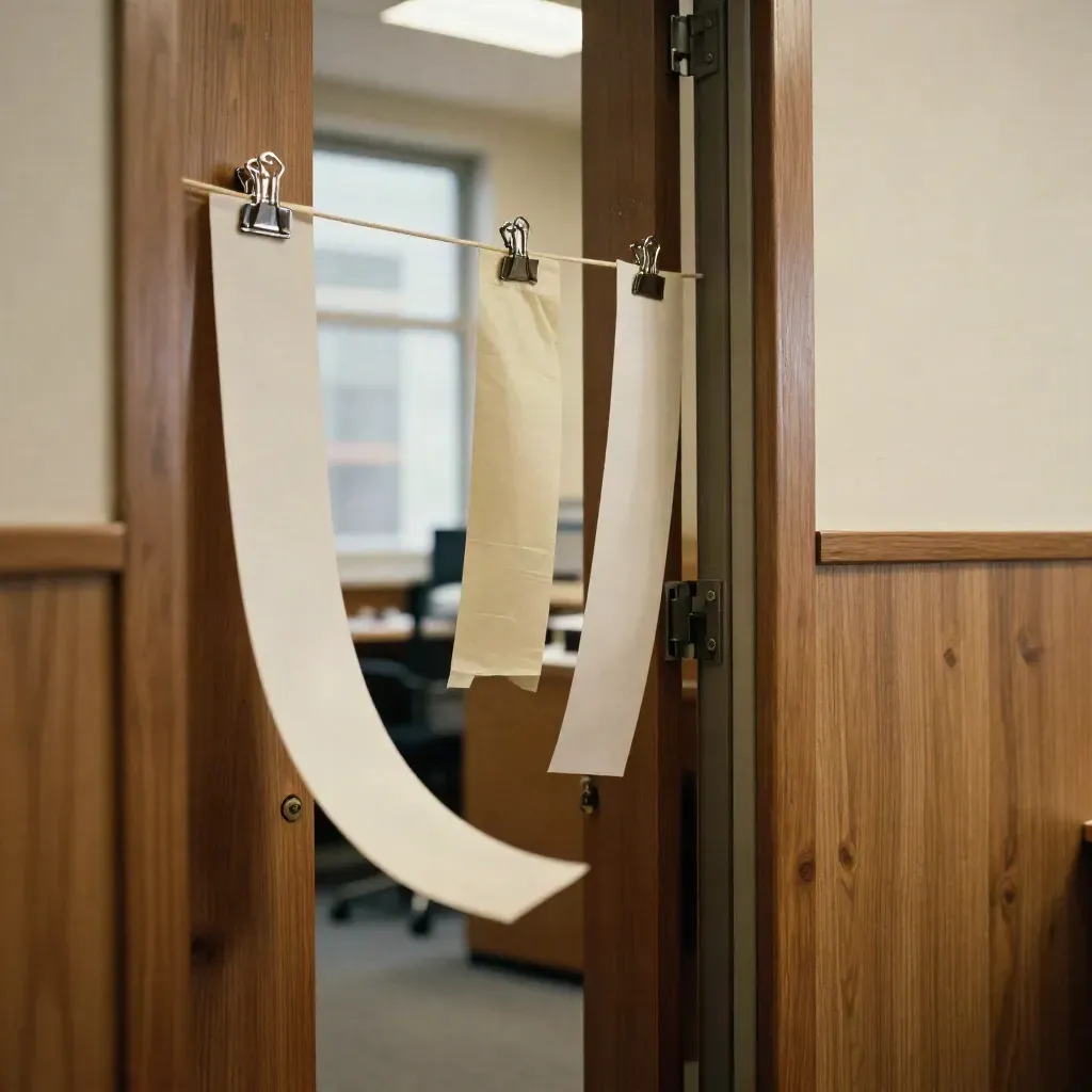 Tiras de papel colgando de una puerta entornada en una oficina, con clips y cinta de pintor.