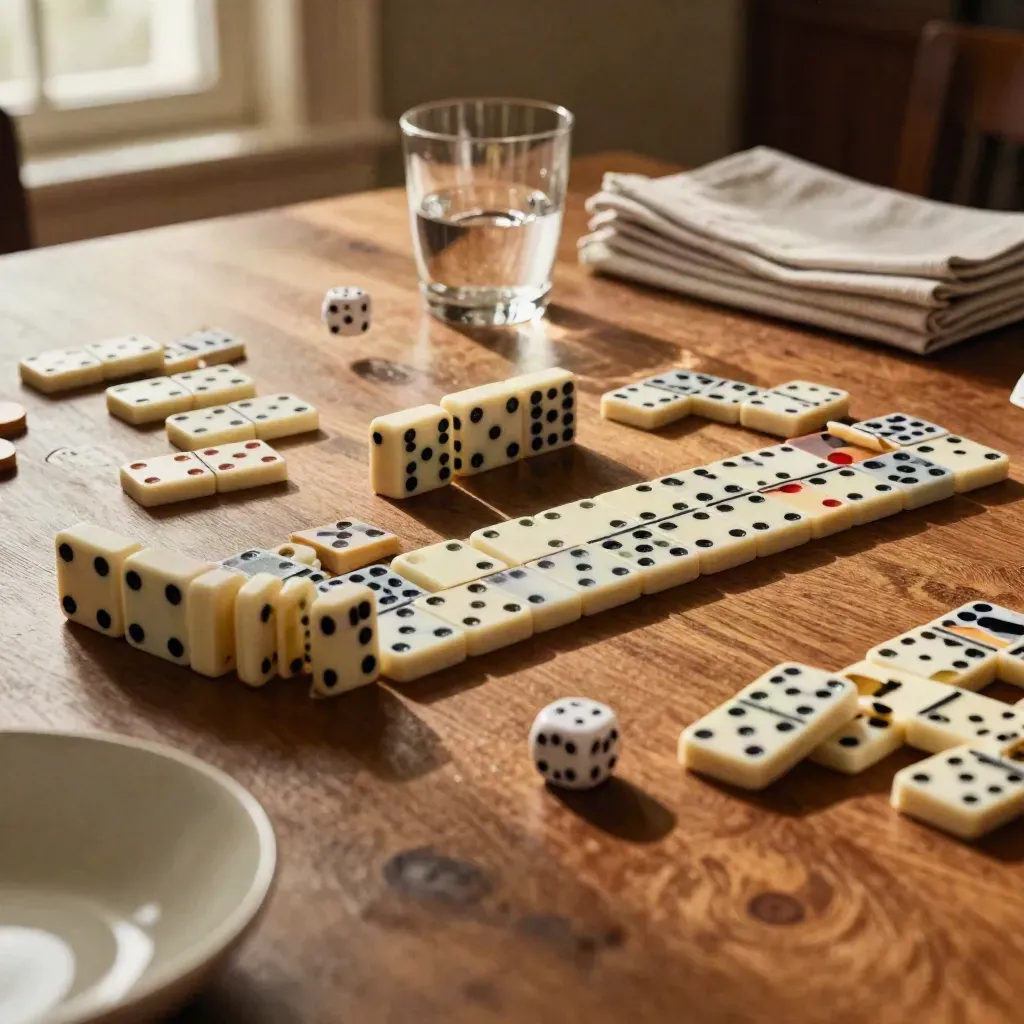 Dominós y dados dispersos sobre una mesa tras un juego, con vaso de agua y servilletas.