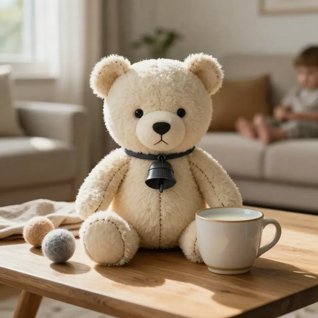 Peluche, campanita, bolas de fieltro y vaso de leche sobre mesa baja en luz cálida.