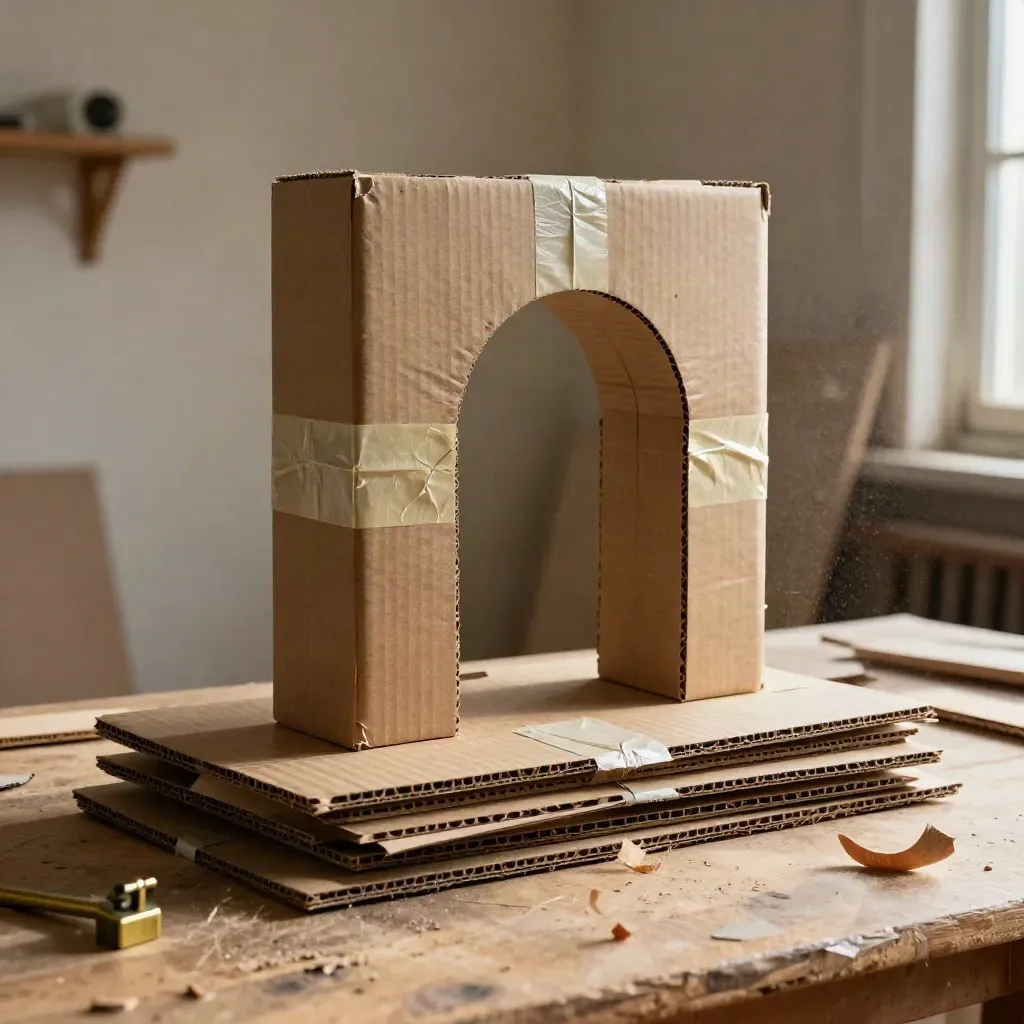 Maqueta de cartón con cinta y pegamento sobre un banco de trabajo, iluminada con luz dramática.