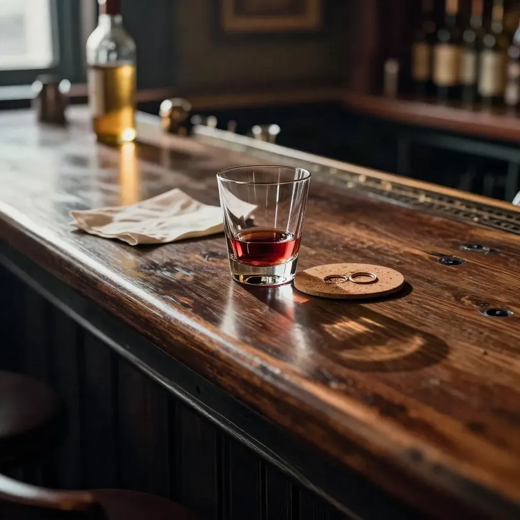 Un vaso vacío y objetos de barra sobre madera gastada, con luz nocturna y ambiente de humo tenue.