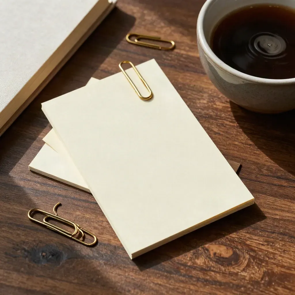 Tarjetas crema, clips dorados, libreta cerrada y café en cuenco sobre mesa editorial.