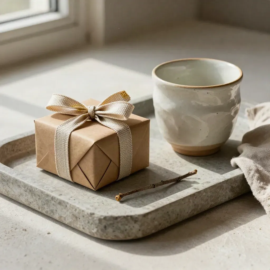 Caja regalo kraft, taza cerámica y cinta de tela sobre bandeja de piedra, luz suave.