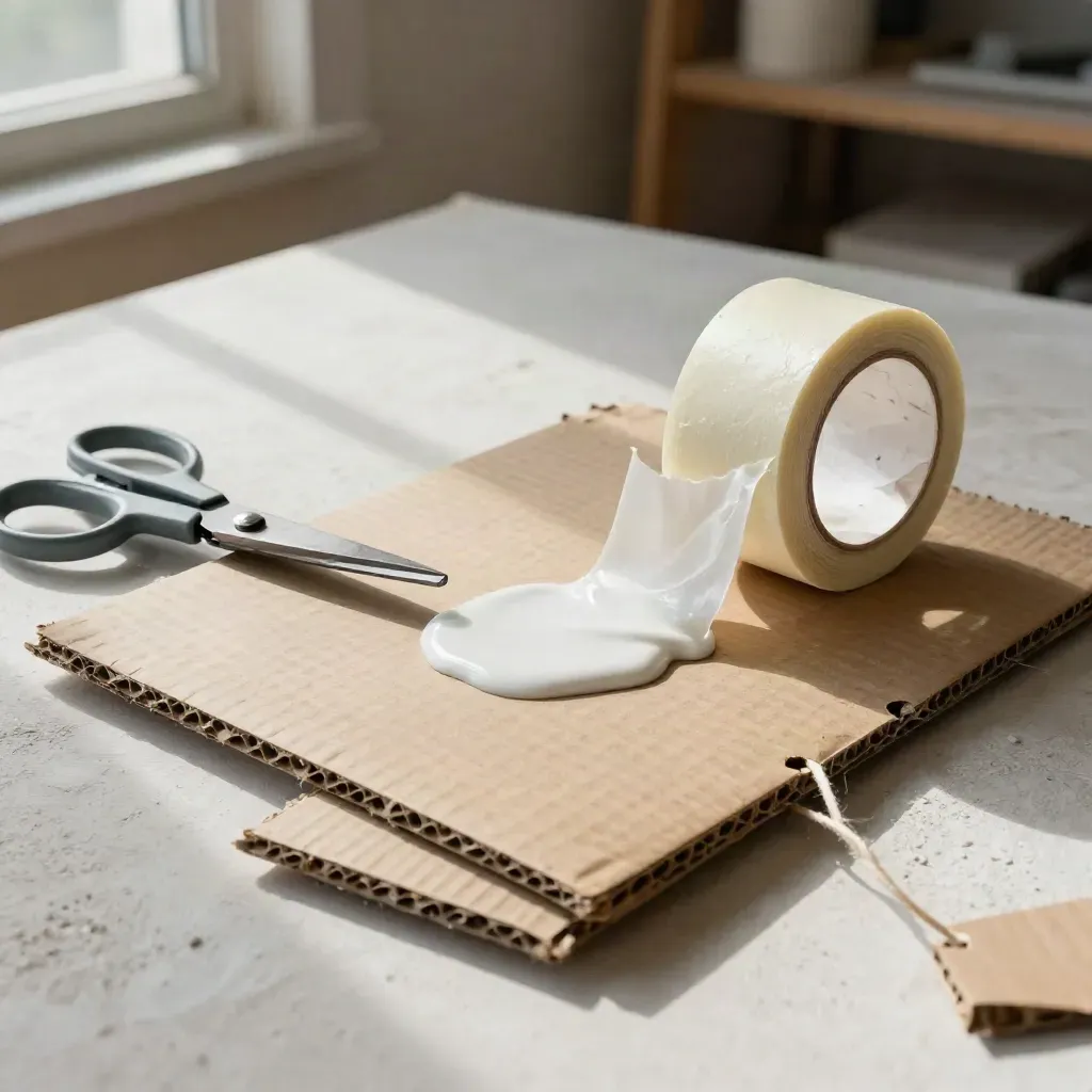 Cartón corrugado, cinta de papel, tijeras y pegamento sobre una mesa de taller.